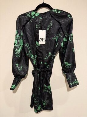 Zara Black Satin Mini Dress with Green Floral Pattern